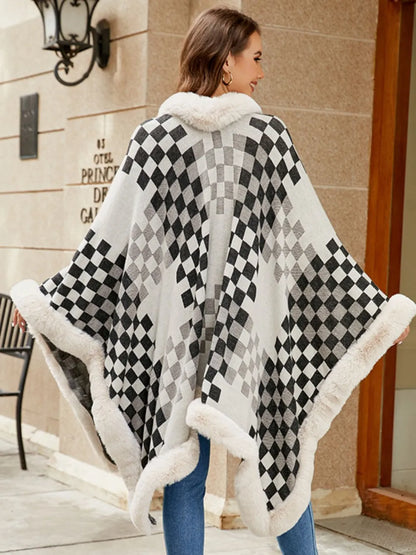 Fuzzy Checkered Long Sleeve Poncho - -