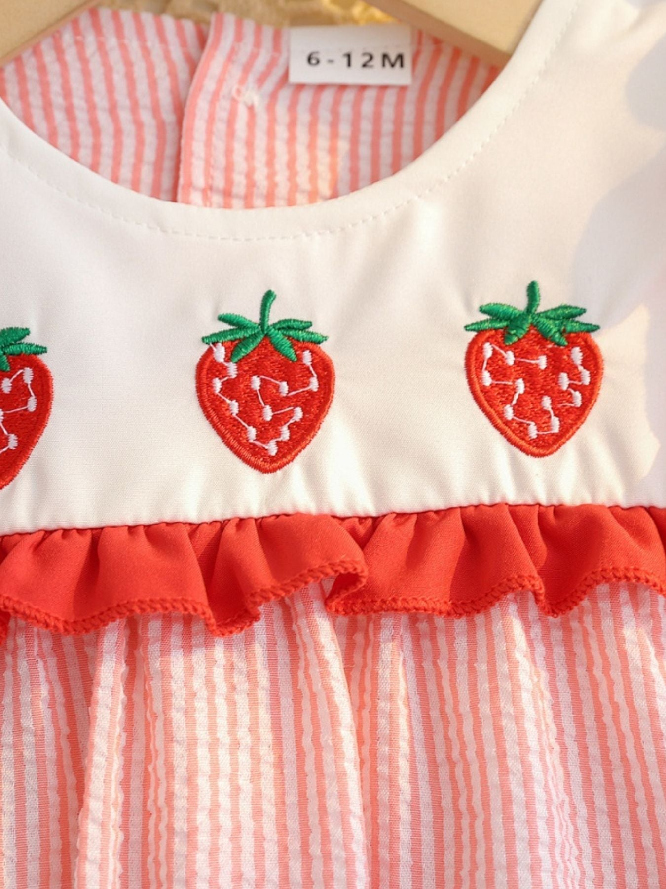 Children's Fruit Embroidered Striped Short Sleeve Dress - -