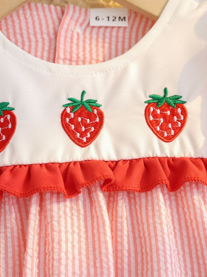 Children's Fruit Embroidered Striped Short Sleeve Dress - -