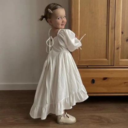 Girls Solid Ruffle Puff Sleeve Cotton Linen Dress