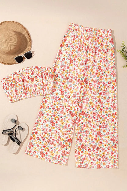 Boho Floral Bandeau Top and High Waist Wide Leg Pants Set - -