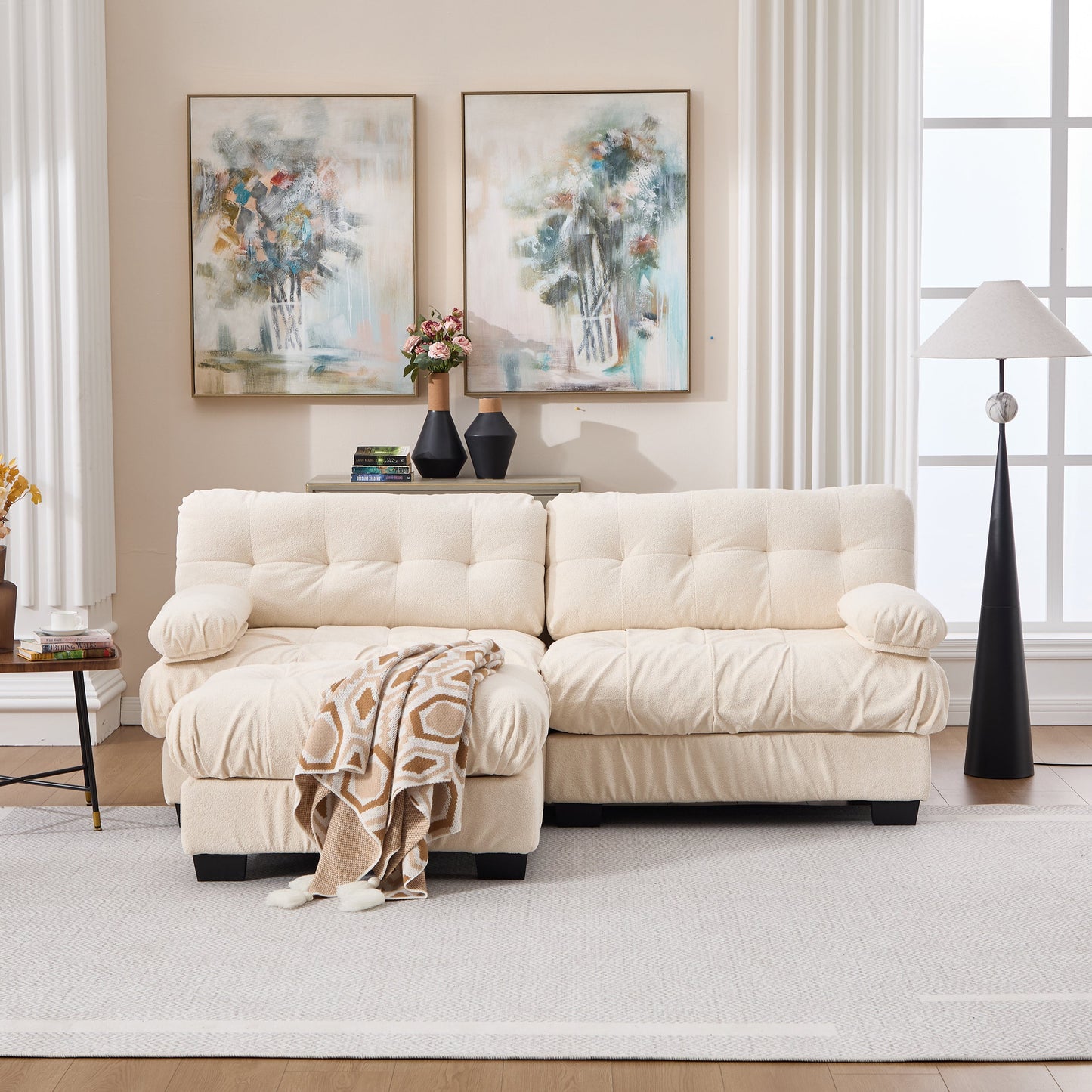 Sectional Sofa L-Shape Cloud Flannelette Beige 3 Seat 88 In 4 Pillows - - Sectional Sofas