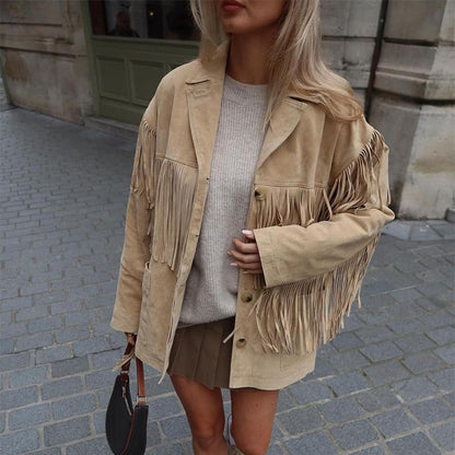 Brown Jacket With A Lapel Tassel Detailing, And Long Sleeves- Social Buzz eSIMs- {{Product type}}