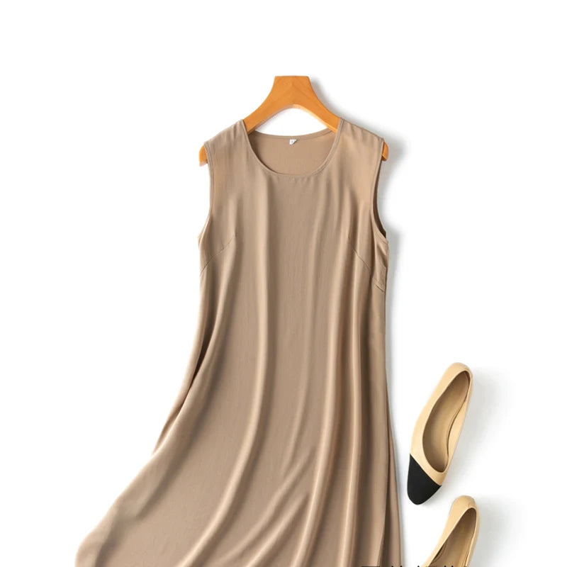 Silk Dress Crepe Dechine Solid a Line Sleeveless O Neck Tank Dresses