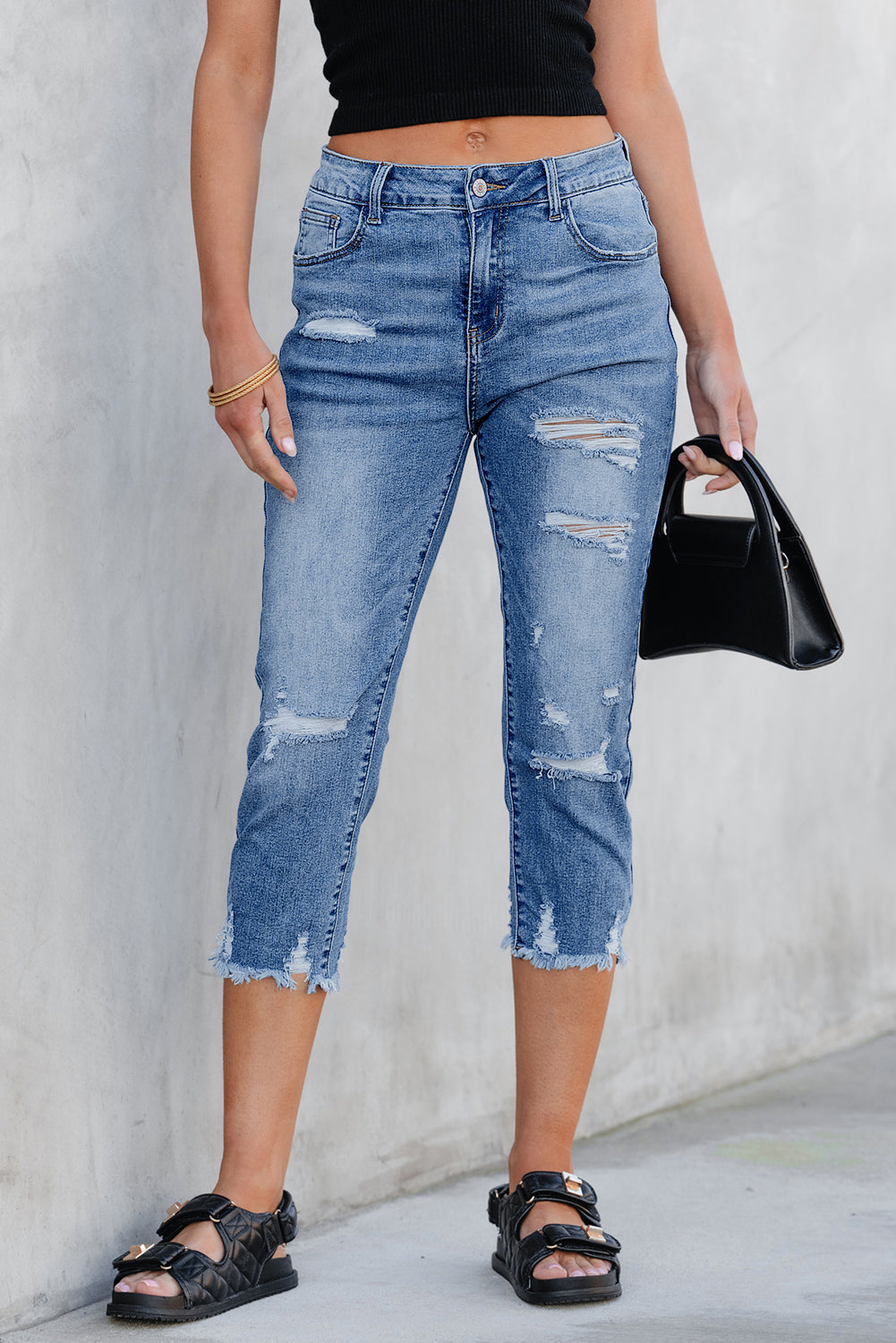 Georgia Skinny Distressed Capri Jeans- Threaded Pear- {{Product type}}