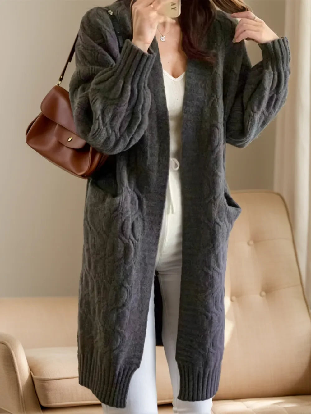 Open Front Long Sleeve Cardigan - Gray One Size -
