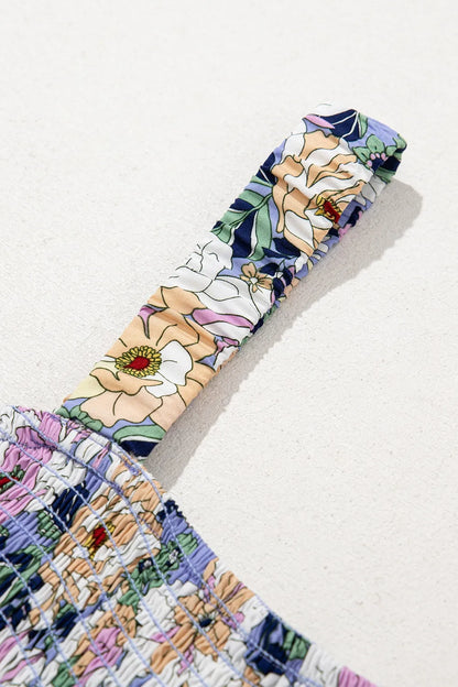 Floral Print Smocked High Waist Square Neck Jumpsuit - -