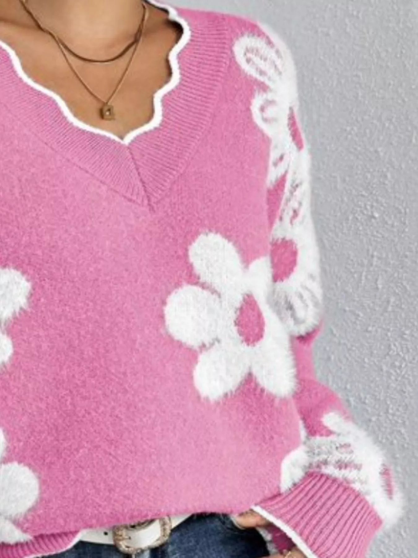 Floral V-Neck Long Sleeve Sweater - -