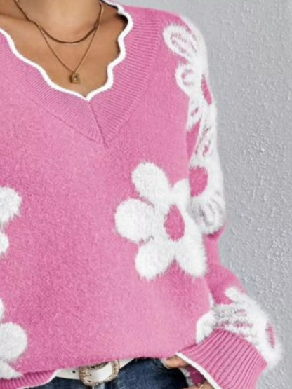 Floral V-Neck Long Sleeve Sweater - -