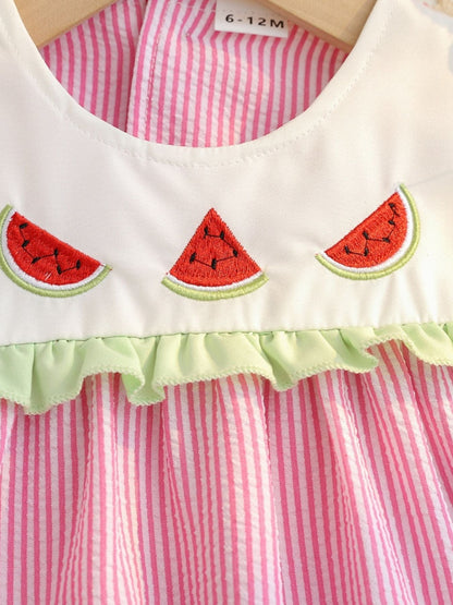 Children's Fruit Embroidered Striped Short Sleeve Dress - -