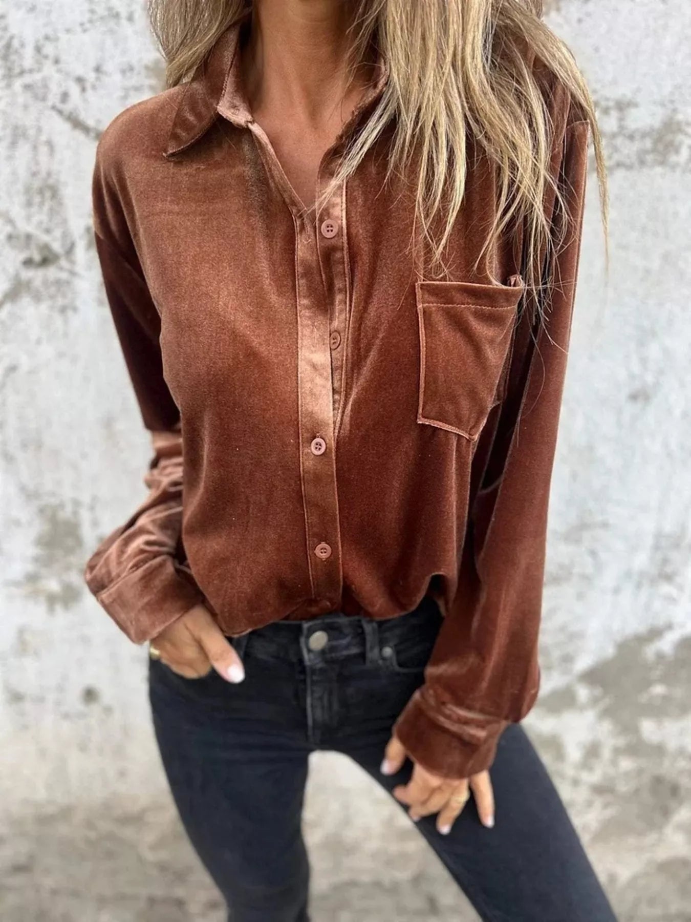 Full Size Velvet Button-Up Long Sleeve Shirt Plus Size - Coffee -