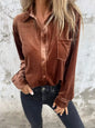 Full Size Velvet Button-Up Long Sleeve Shirt Plus Size - Coffee -