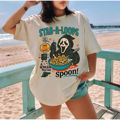 Spooky Horror Cereal Tee - Funny Halloween Killer Breakfast Shirt, Creepy Cereal Box Graphic - STAB-A-LOOP - T-Shirt