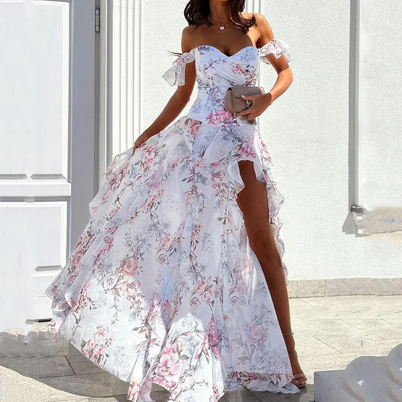 Summer Off-Shoulder Sleeveless Split Waist Skirt - White M - dress