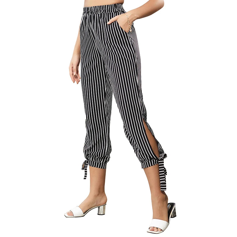 Women High Waist Stripe Recreational Straight Tube Pants