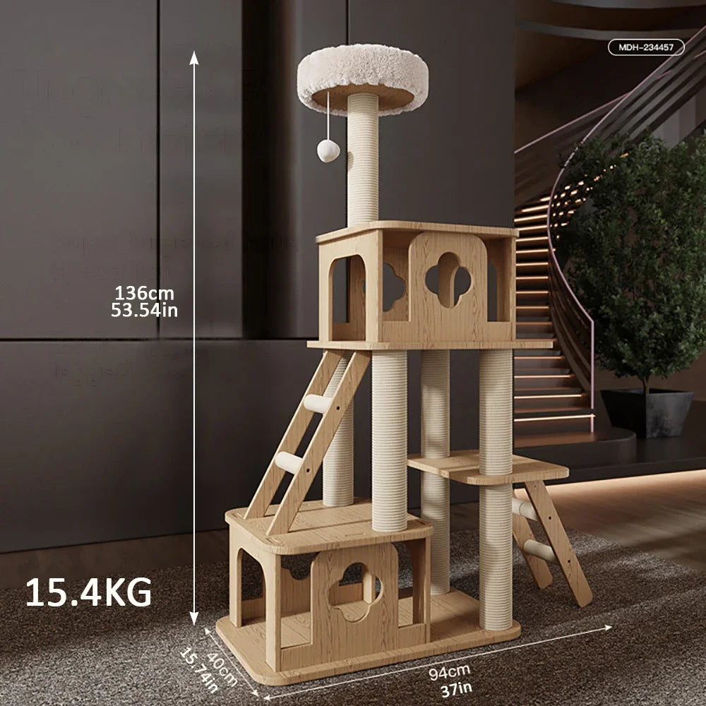 Wood Cat Tree House Cat Tower With Sisal Rope Scratching Posts Climbing Toy