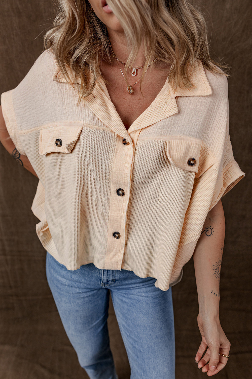 Beige Waffle Splicing Short Batwing Sleeve Flap Detail Shirt - - Tops/Blouses & Shirts