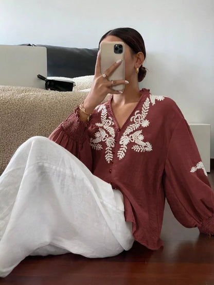 Embroidered Notched Long Sleeve Blouse - -