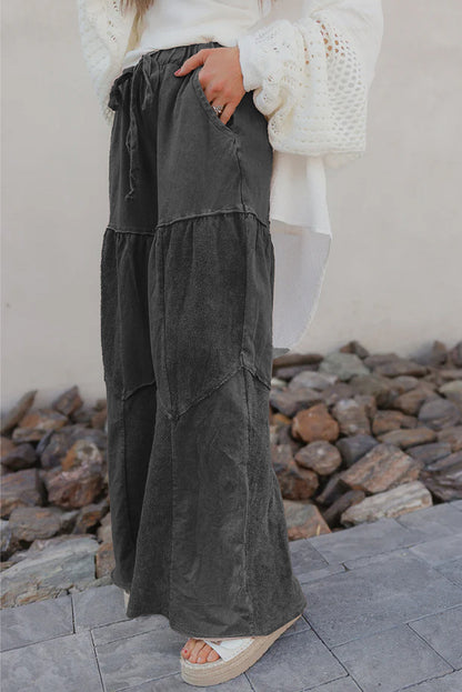 Black Mineral Wash Tiered Wide Leg Patchwork Drawstring Pants - - Bottoms/Pants & Culotte