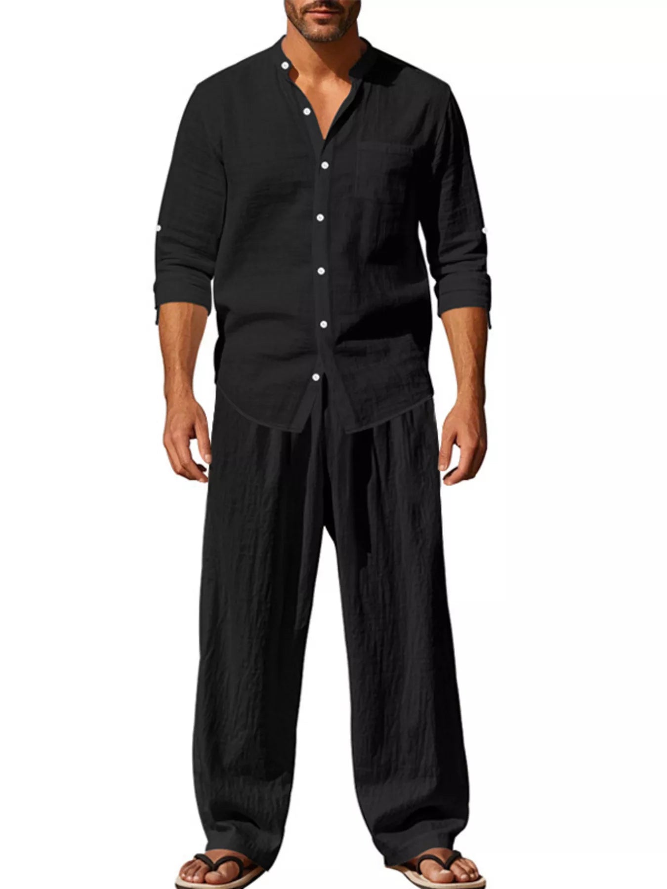 Men's Full Size Button Up Long Sleeve Shirt and Pants Plus Size - -