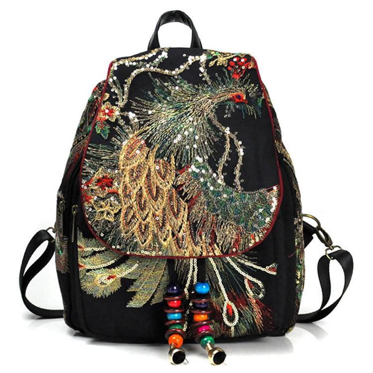 Retro Embroidered Peacock Backpack - - backpack