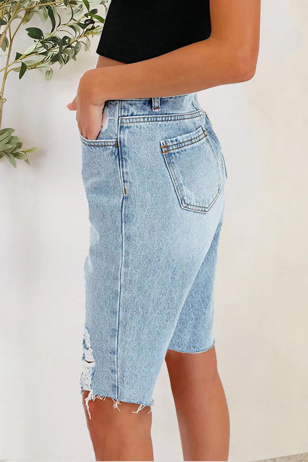 Distressed Pocketed Denim Shorts - -