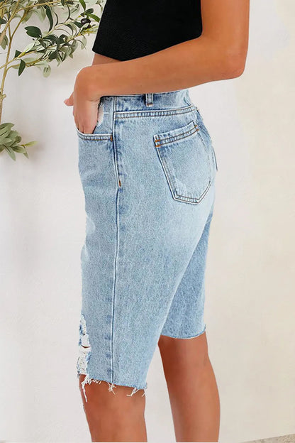 Distressed Pocketed Denim Shorts - -