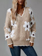 Floral V-Neck Long Sleeve Sweater - Tan -