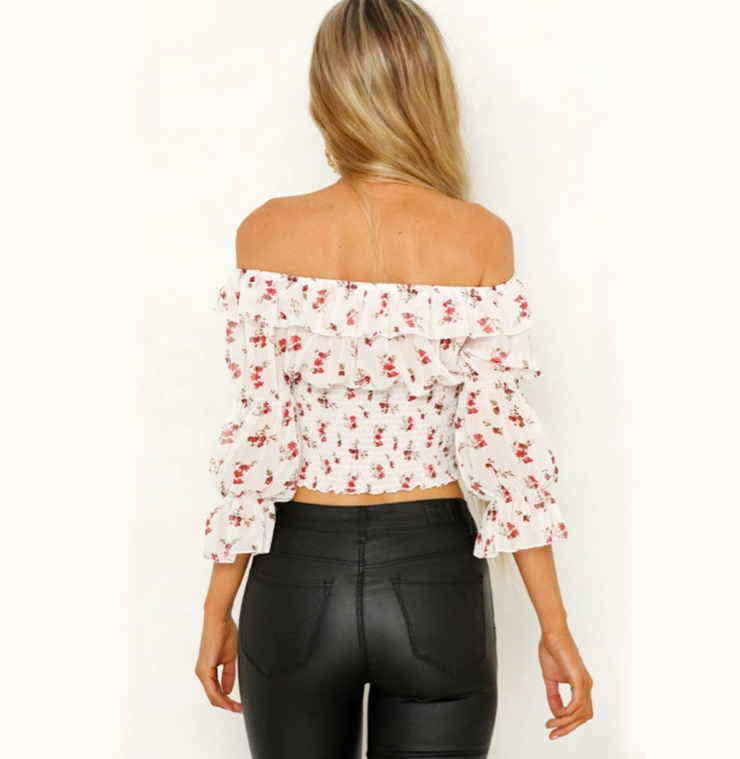 Off-Shoulder Pleated Short Sleeve Printed Top for Women - - Women's Fashion - Women's Clothing - Tops & Tees
