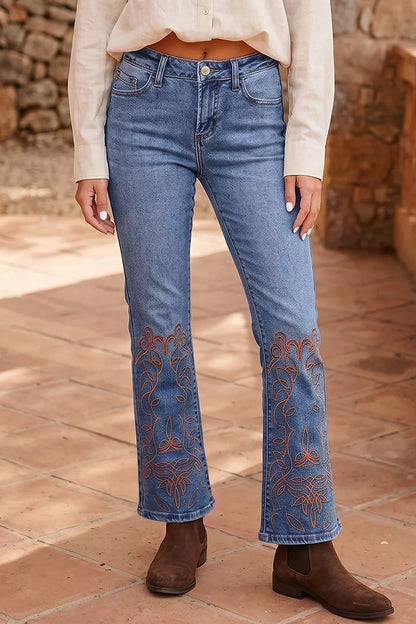 Embroidered Flare Leg Jeans - -