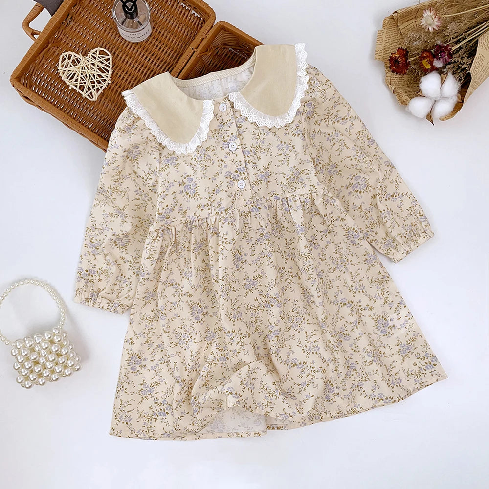 Girls Flower Lace Turn-Down Collar Princess Dress 4T