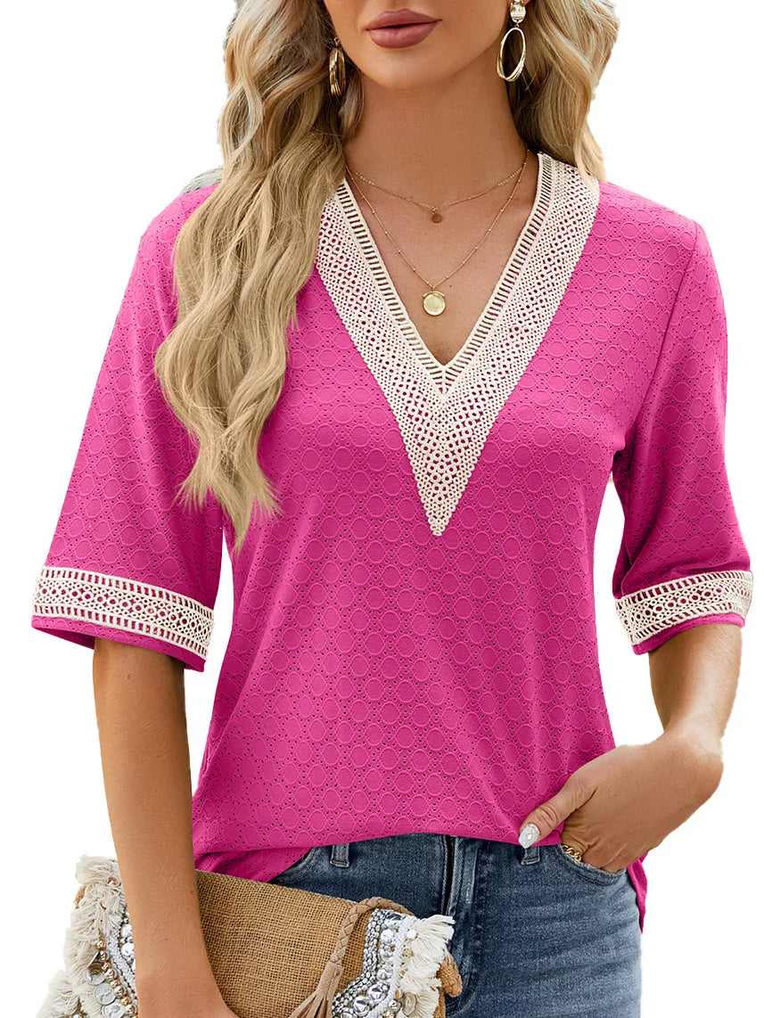 Solid Color Pullover V-Neck Lace Panel Mid Sleeve Shirt