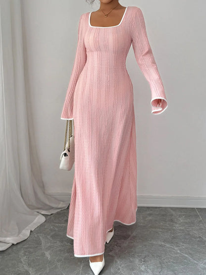 Textured Square Neck Long Sleeve Maxi Dress - -