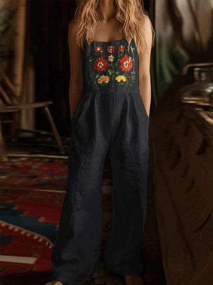 Floral Embroidered Wide Leg Jumpsuit - -