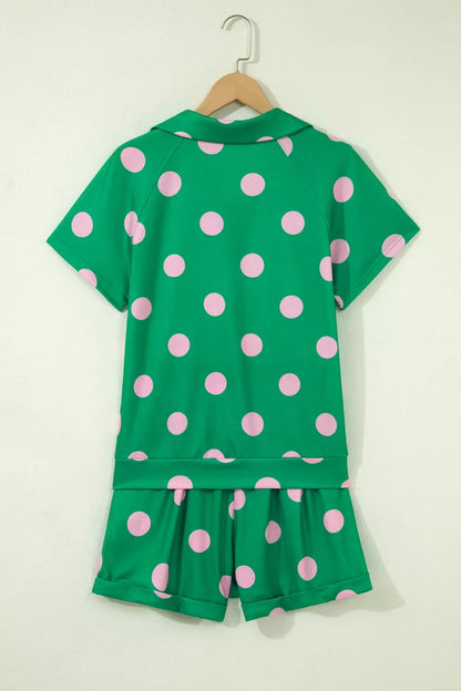 Polka Dot Print V Neck Tee Short Set- Shopimist- {{Product type}}