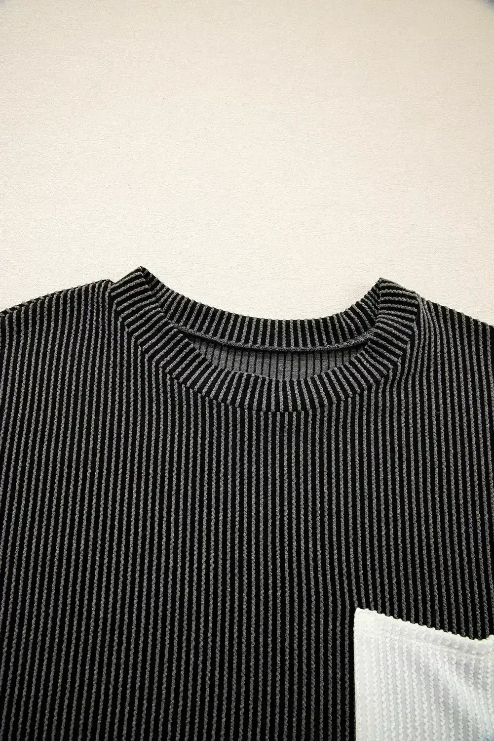 Pink Corded Colorblock Pocket Crew Neck T Shirt - - T Shirts
