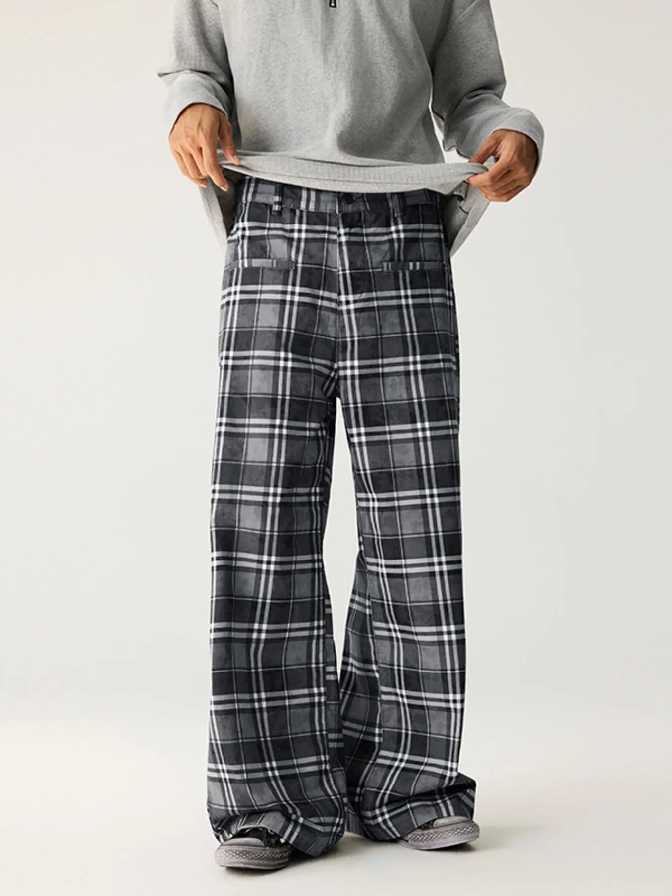 Men's Plaid Wide Leg Pants - Dirty Gray -