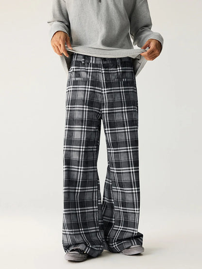 Men's Plaid Wide Leg Pants - Dirty Gray -