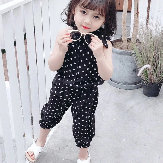 Sleeveless Polka Dot Girls Chiffon Outfit black white