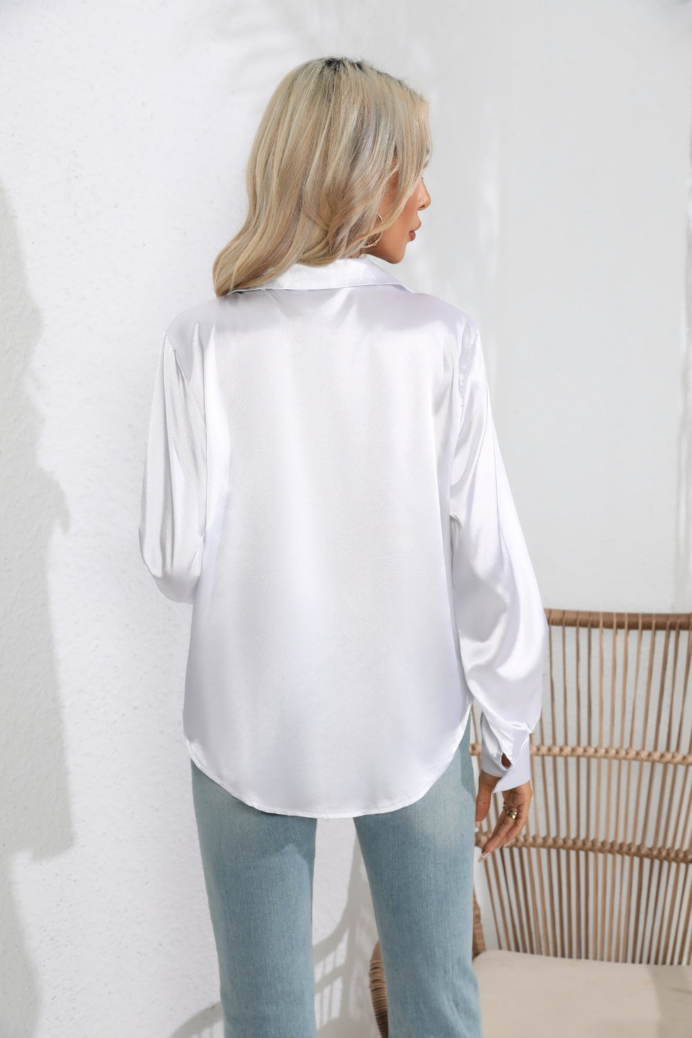 Lapel Collar Button Up Long Sleeve Shirt - -