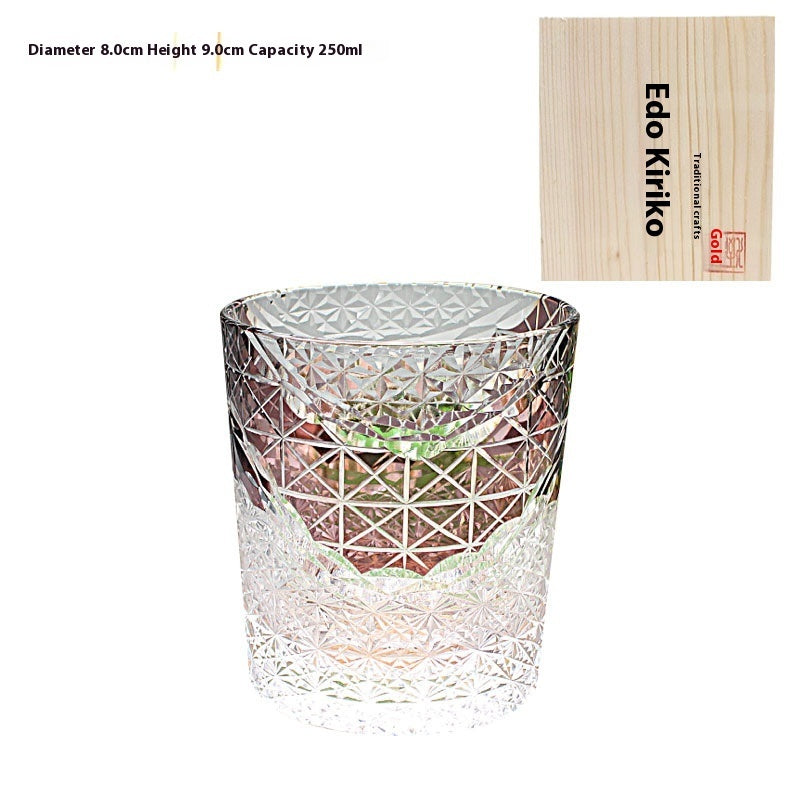 Edo Kiriko Japanese Handmade Cut Glass Cup – Single or Set of 4 - Purple Wooden Box - Glass Art