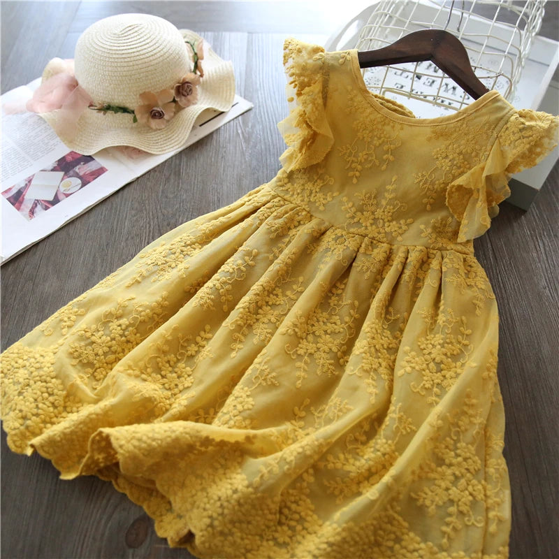 Girls Summer Lace Party Dress yellow