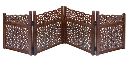 Wooden Foldable Pet Dog Safety Gate - 4 Panel 20" W x 24" H - Hand Carved Mahanadi Free Standing Portable - Kia Day Design