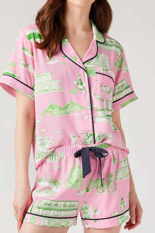 Collared Neck Printed Top and Drawstring Shorts Lounge Set - - 2 piece sets