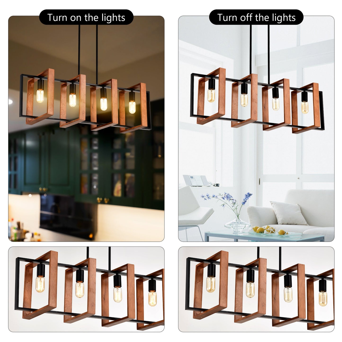 Rustic Wood And Black Metal 4-Light Kitchen Island Dining Room Light Fixture - - light