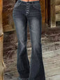 Striped Button Fly Flare Jeans - Black -