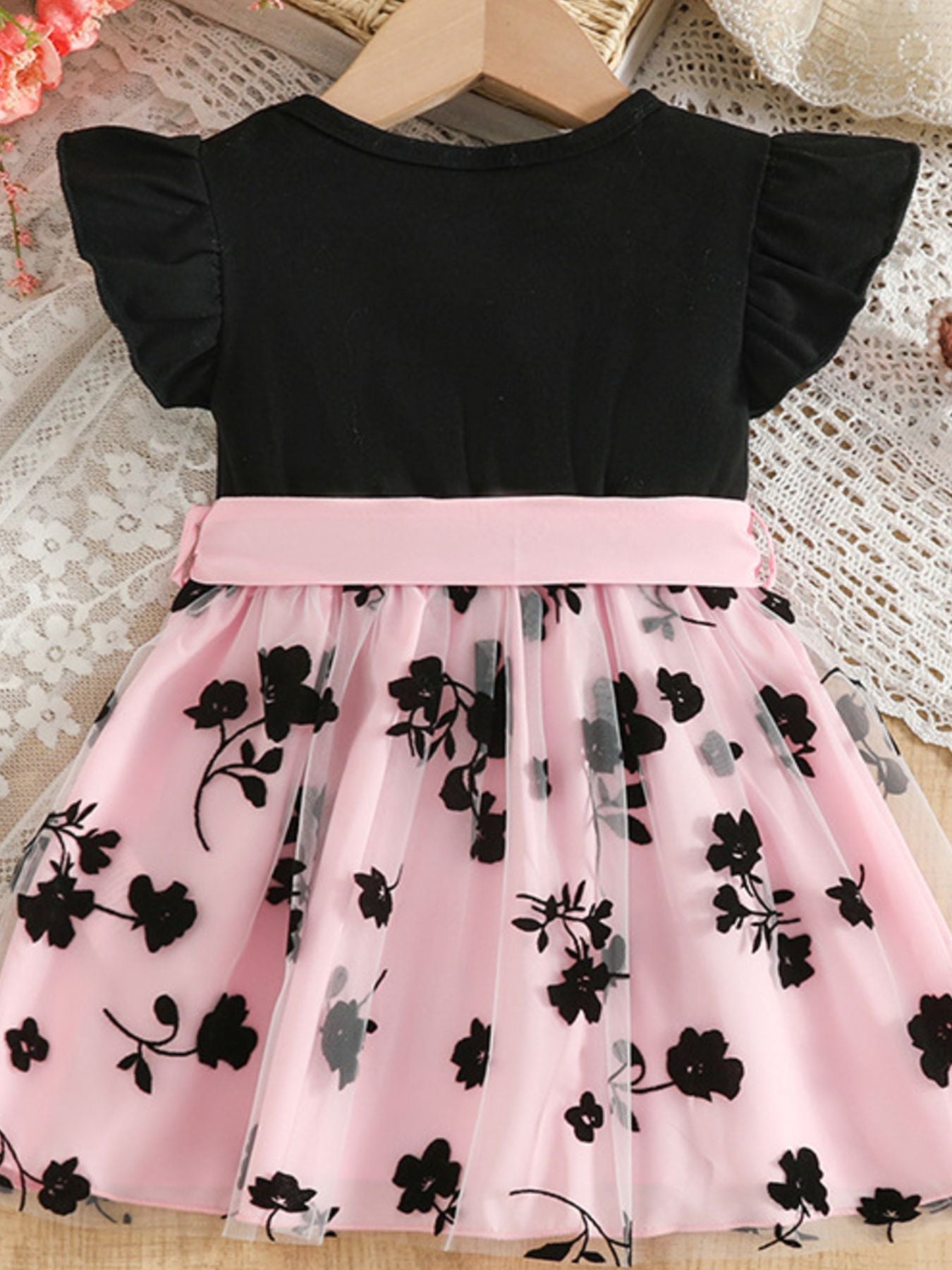 Children's Floral Print Mesh Bowknot Toddler Dress - -