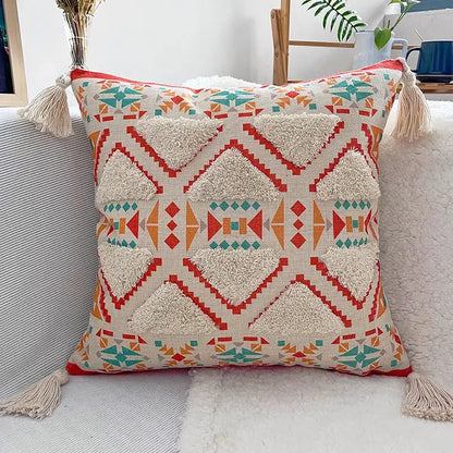 Colorful Tassel Tufted Throw Pillow Cover Geometric Pattern Pillowcase