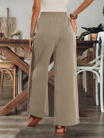 Bohemian Wide Leg Embroidered Side Stripe Pants - -