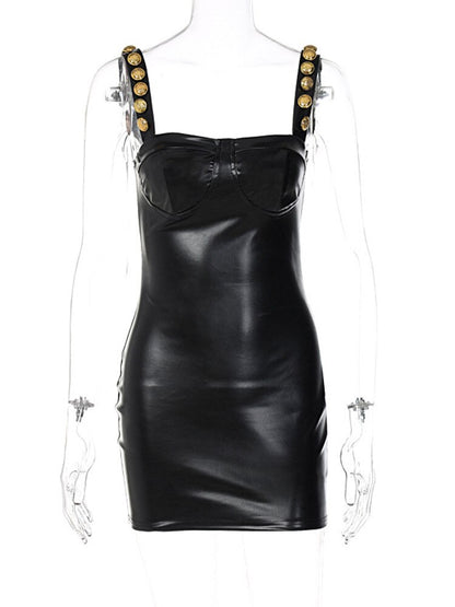 Elegant Sleeveless PU Leather Mini Dress - - dress